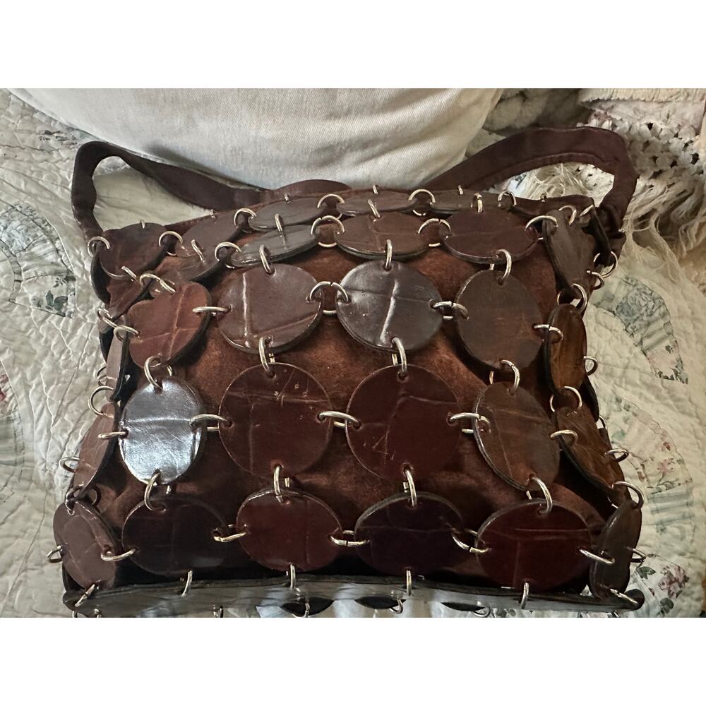 VINTAGE BROWN CROC LEATHER DISCS ON LARGE SUEDE CROSSBODY BAG FESTIVAL!